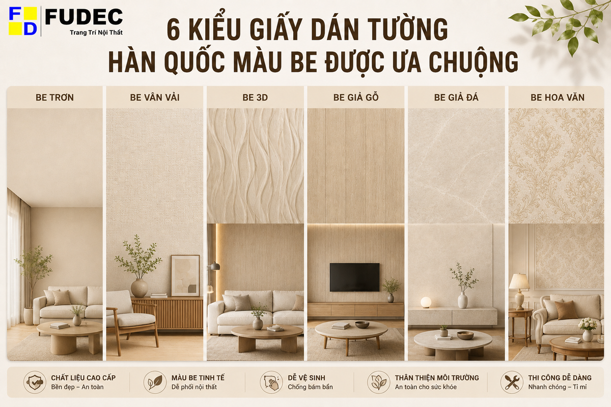 6 kiểu giấy dán tường Hàn Quốc màu be trơn vân vải 3D giả gỗ hoa văn