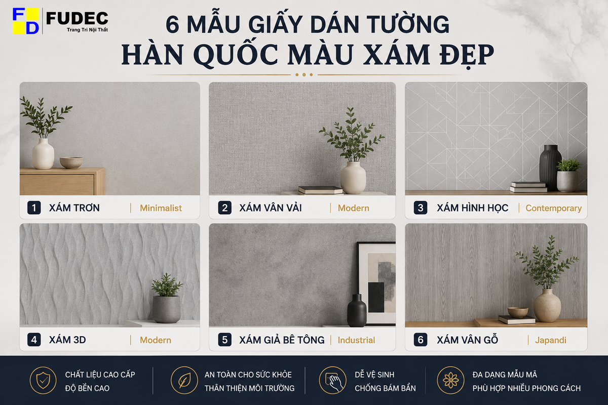 6 mẫu giấy dán tường Hàn Quốc màu xám đẹp hiện đại