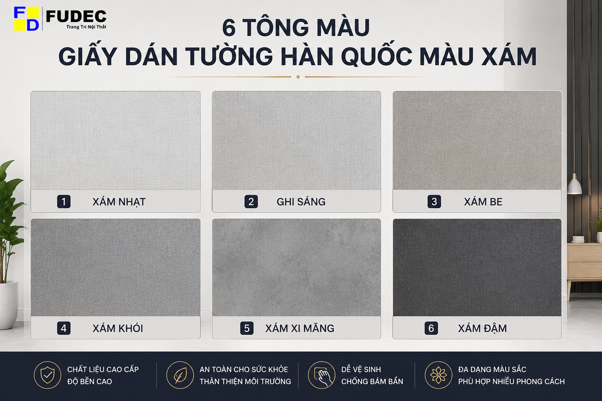 6 tông màu giấy dán tường Hàn Quốc màu xám đẹp