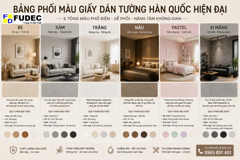 Bảng phối màu giấy dán tường Hàn Quốc hiện đại với nội thất
