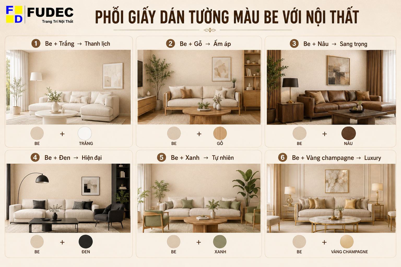 Cách phối giấy dán tường Hàn Quốc màu be với nội thất