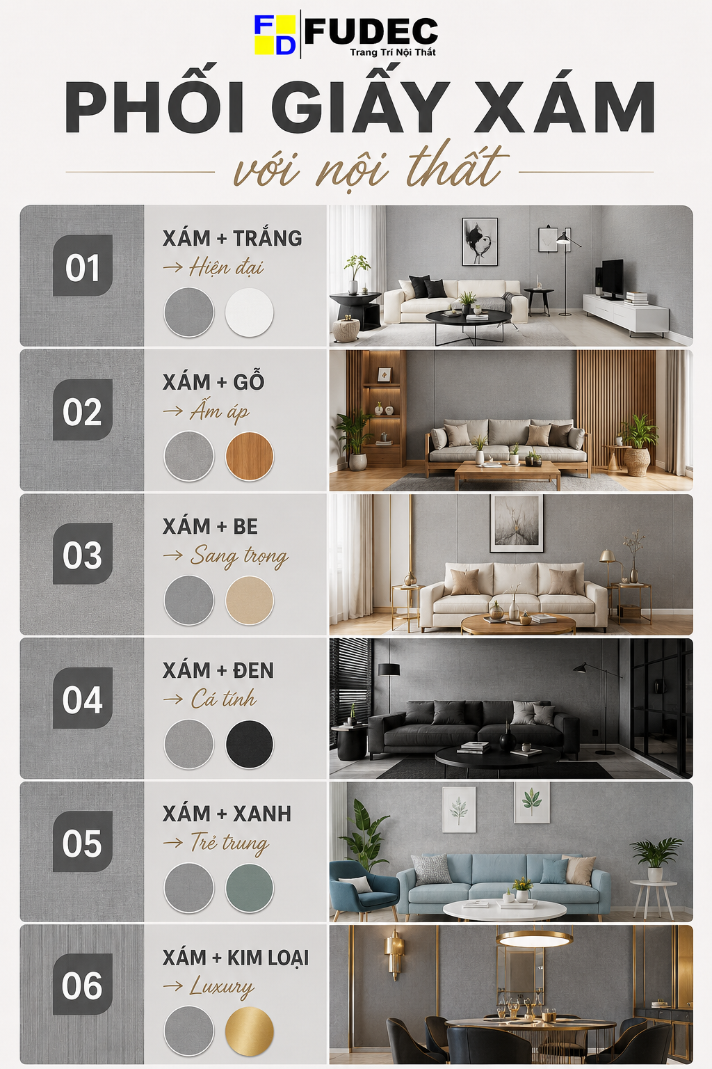 Cách phối giấy dán tường Hàn Quốc màu xám với nội thất