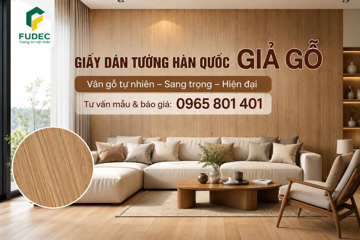 Giấy dán tường Hàn Quốc giả gỗ phòng khách