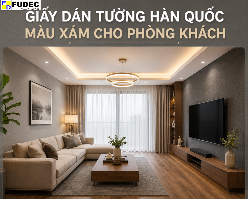 Giấy dán tường Hàn Quốc màu xám cho phòng khách hiện đại