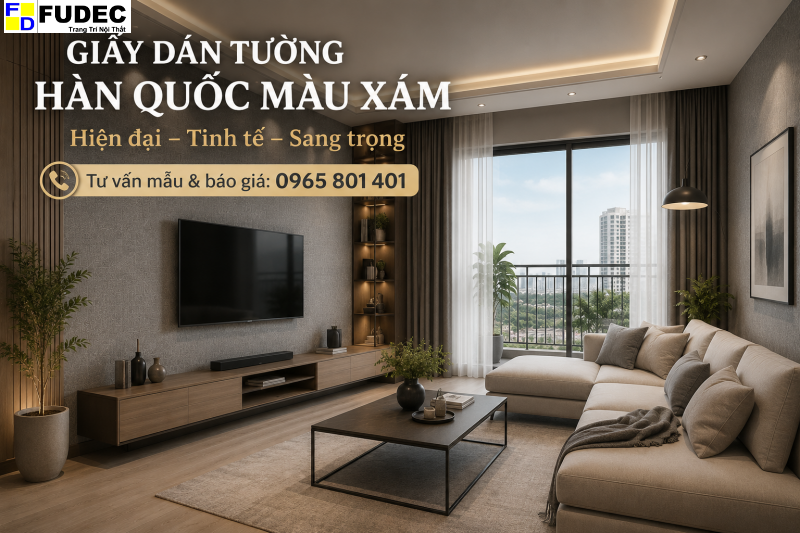 Giấy dán tường Hàn Quốc màu xám đẹp hiện đại cho phòng khách