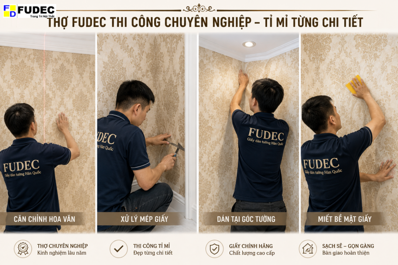 Thi cong giay dan tuong Han Quoc co dien tai cong trinh