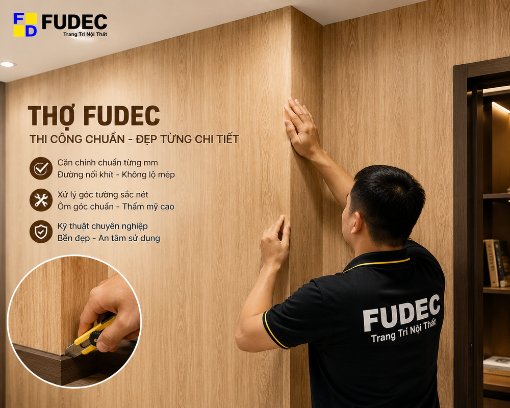 Thợ FUDEC thi công giấy dán tường Hàn Quốc giả gỗ
