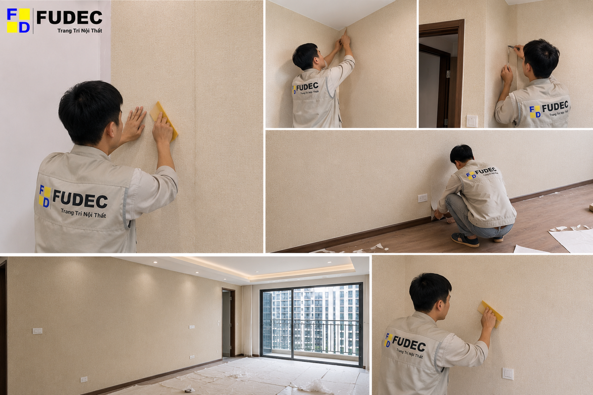 Thợ FUDEC thi công giấy dán tường Hàn Quốc màu be