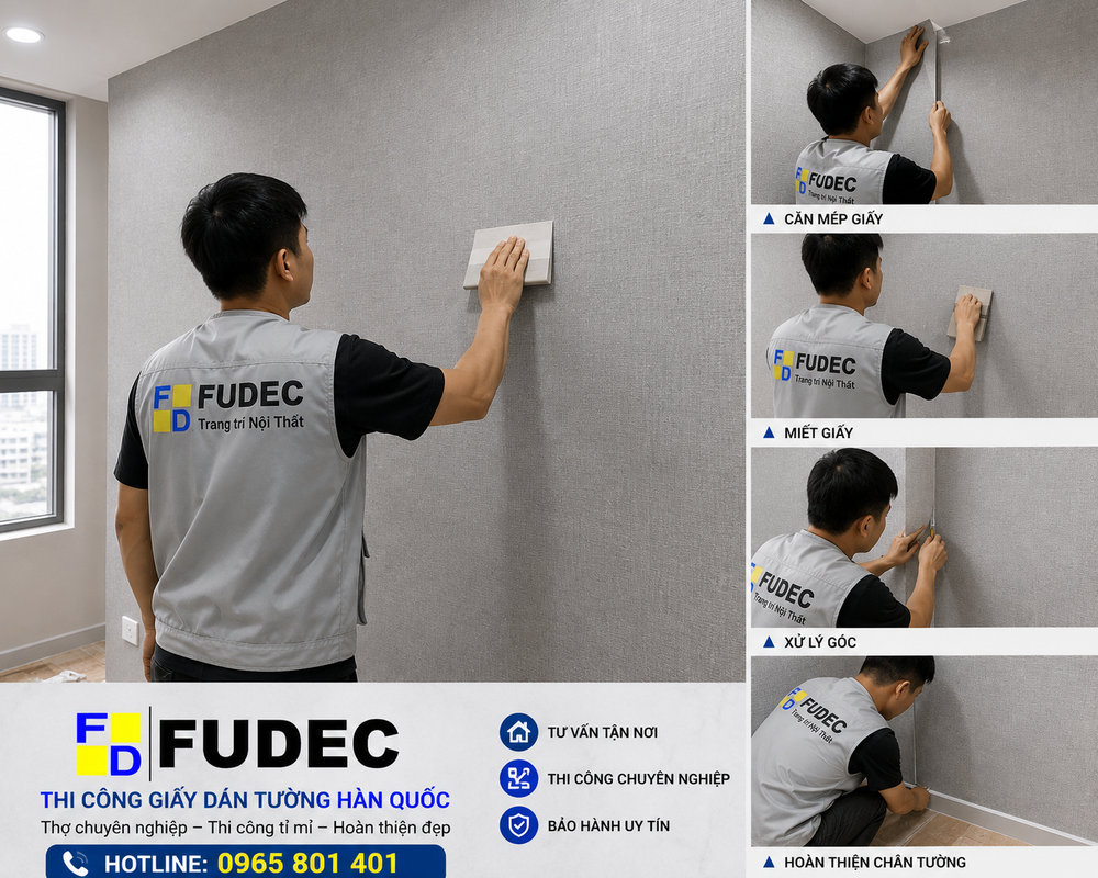 Thợ FUDEC thi công giấy dán tường Hàn Quốc màu xám