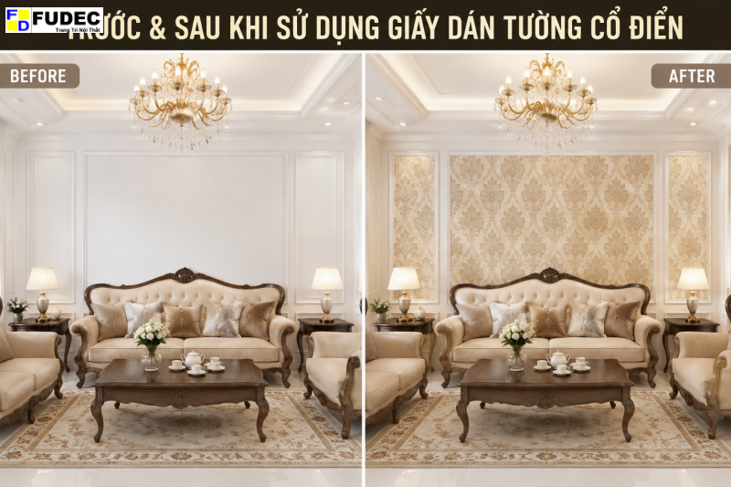 Trước và sau khi dán giấy dán tường Hàn Quốc cổ điển