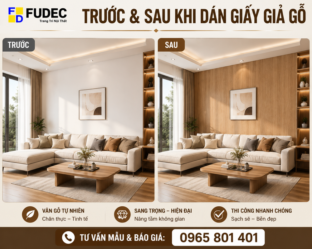 Trước và sau khi sử dụng giấy dán tường Hàn Quốc giả gỗ