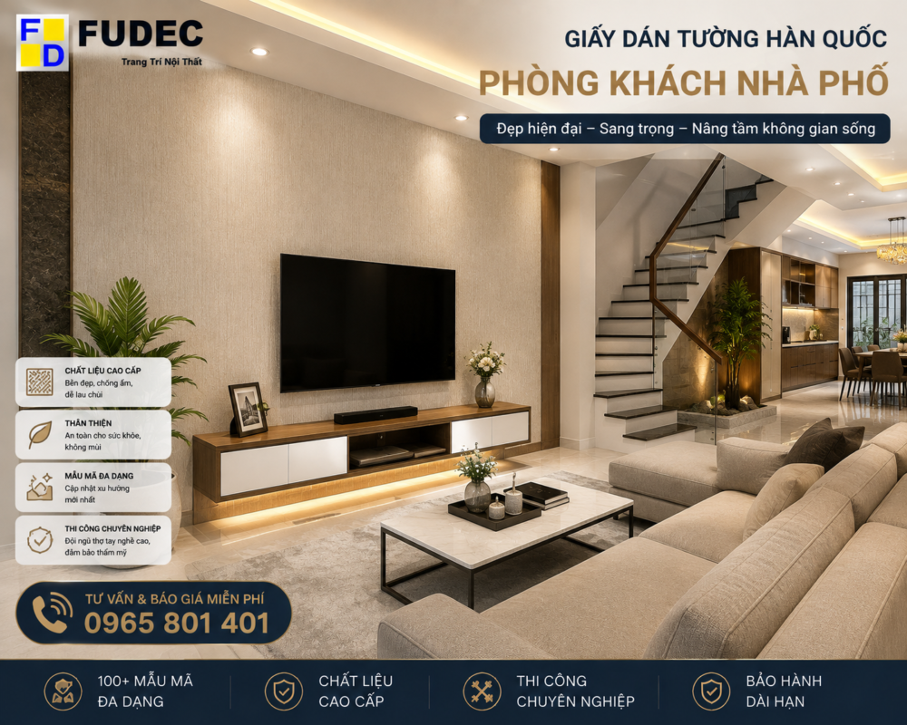 Giấy dán tường Hàn Quốc màu be cho phòng khách sang trọng