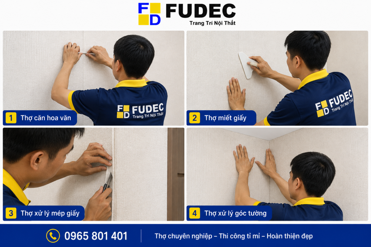 Thi công giấy dán tường Hàn Quốc giả vải tại công trình