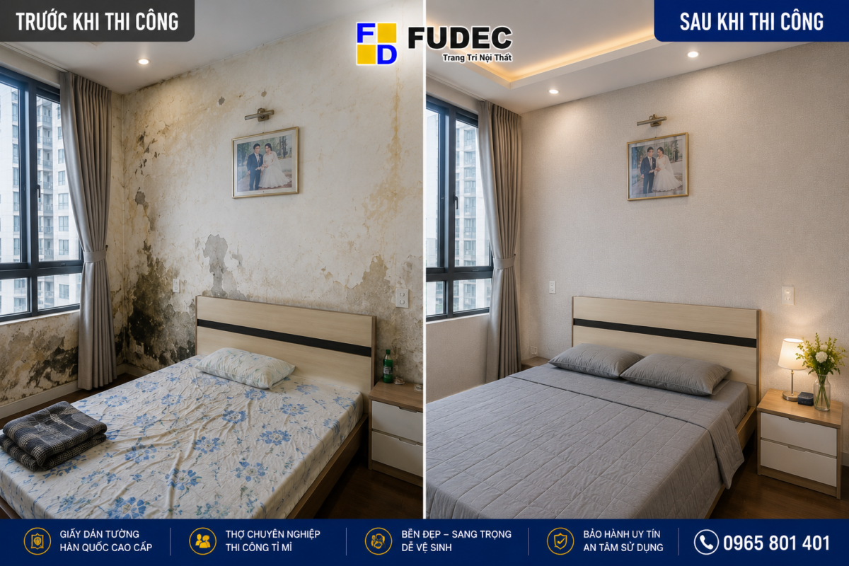 Trước và sau khi sử dụng giấy dán tường Hàn Quốc màu be
